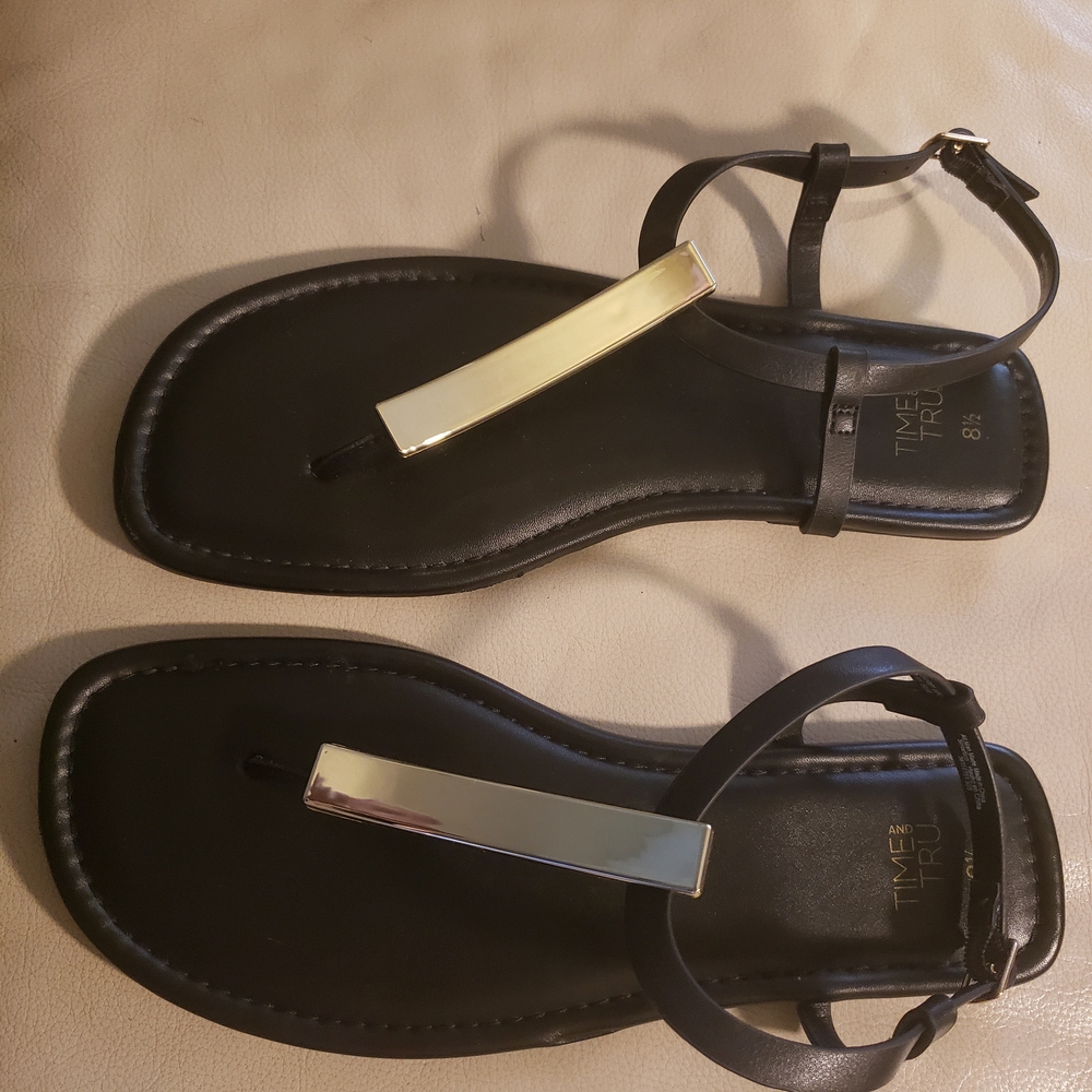 Time and Tru Black Sandals with Gold Detail